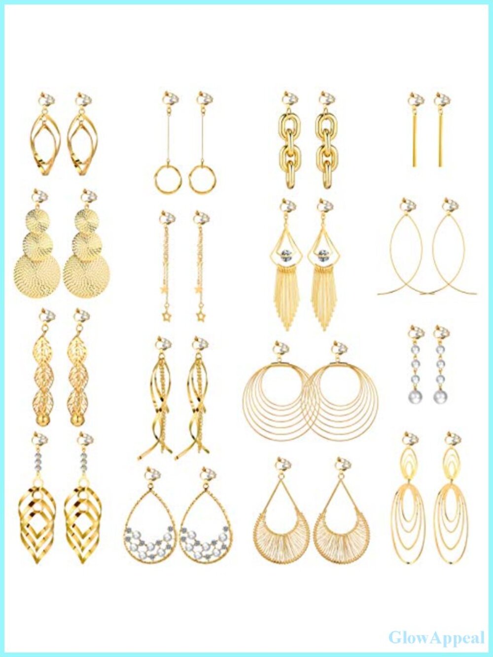 16 Pairs Gold Plated Clip On Drop Dangle Earrings Set for Women Bohemian